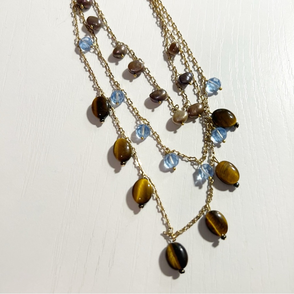 Lia Sophia Tigers Eye Multi-Strand Gold Tone Necklace Freshwater Pearl and Beads - Picture 4 of 5